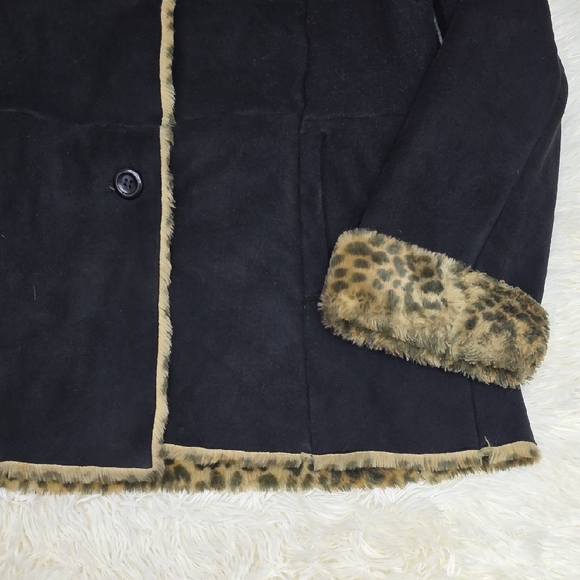 Liz Claiborne Vintage Black Teddy Jacket with Leopard Trim - Picture 3 of 10